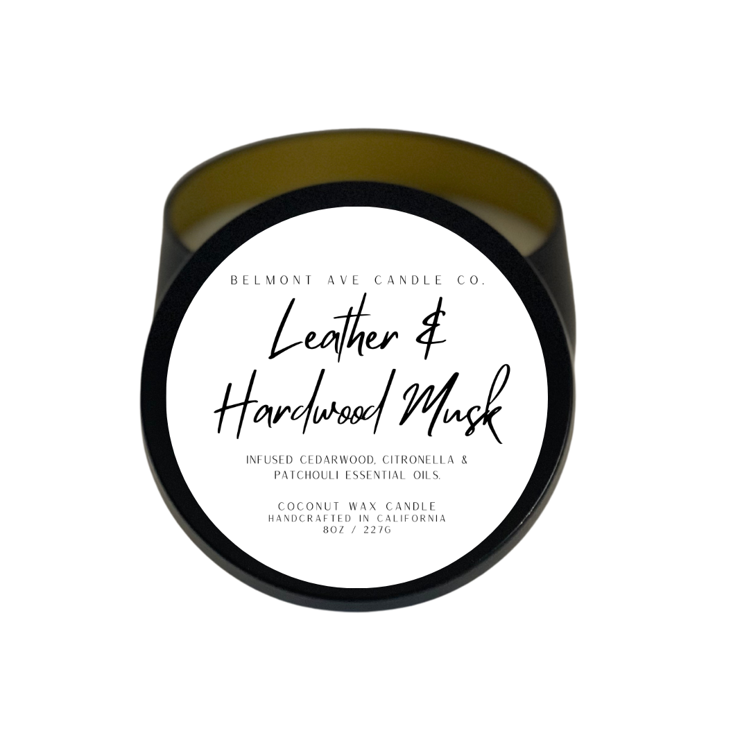 8oz Leather & Hardwood Musk Scented Coconut Wax Tin Candle